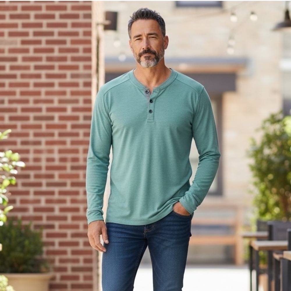 Free Fly Mens‎ Long Sleeve Bamboo Henley Shirt Teal Green Size M Performance